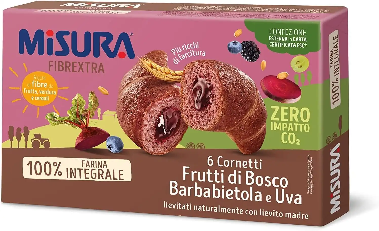 8x Misura Fibrextra Cornetti Frutti di Bosco Barbabietola Uva Integrali 308g