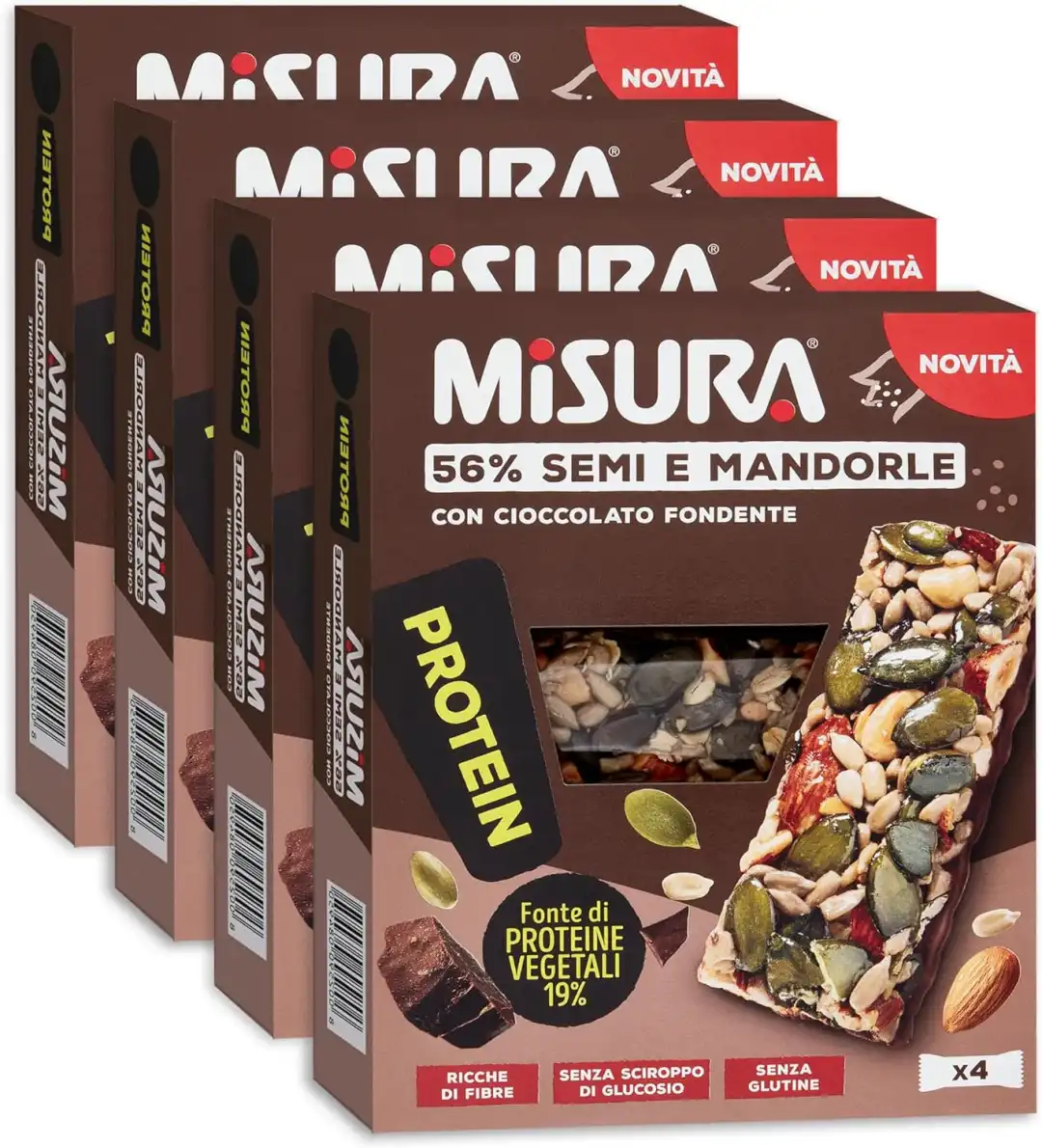 4 Confezioni Misura Protein Barrette Cioccolato Fondente, Semi e Mandorle 120g