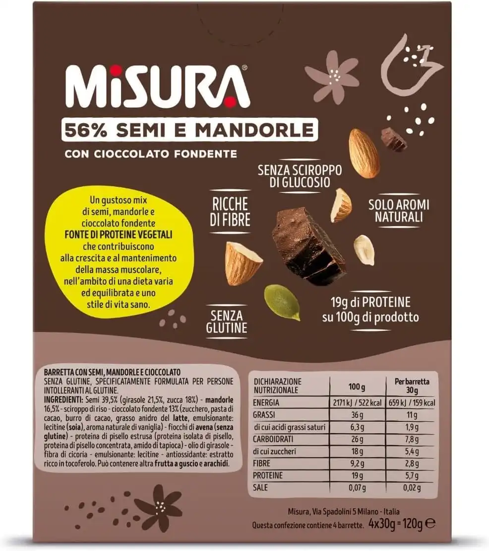 4 Confezioni Misura Protein Barrette Cioccolato Fondente, Semi e Mandorle 120g