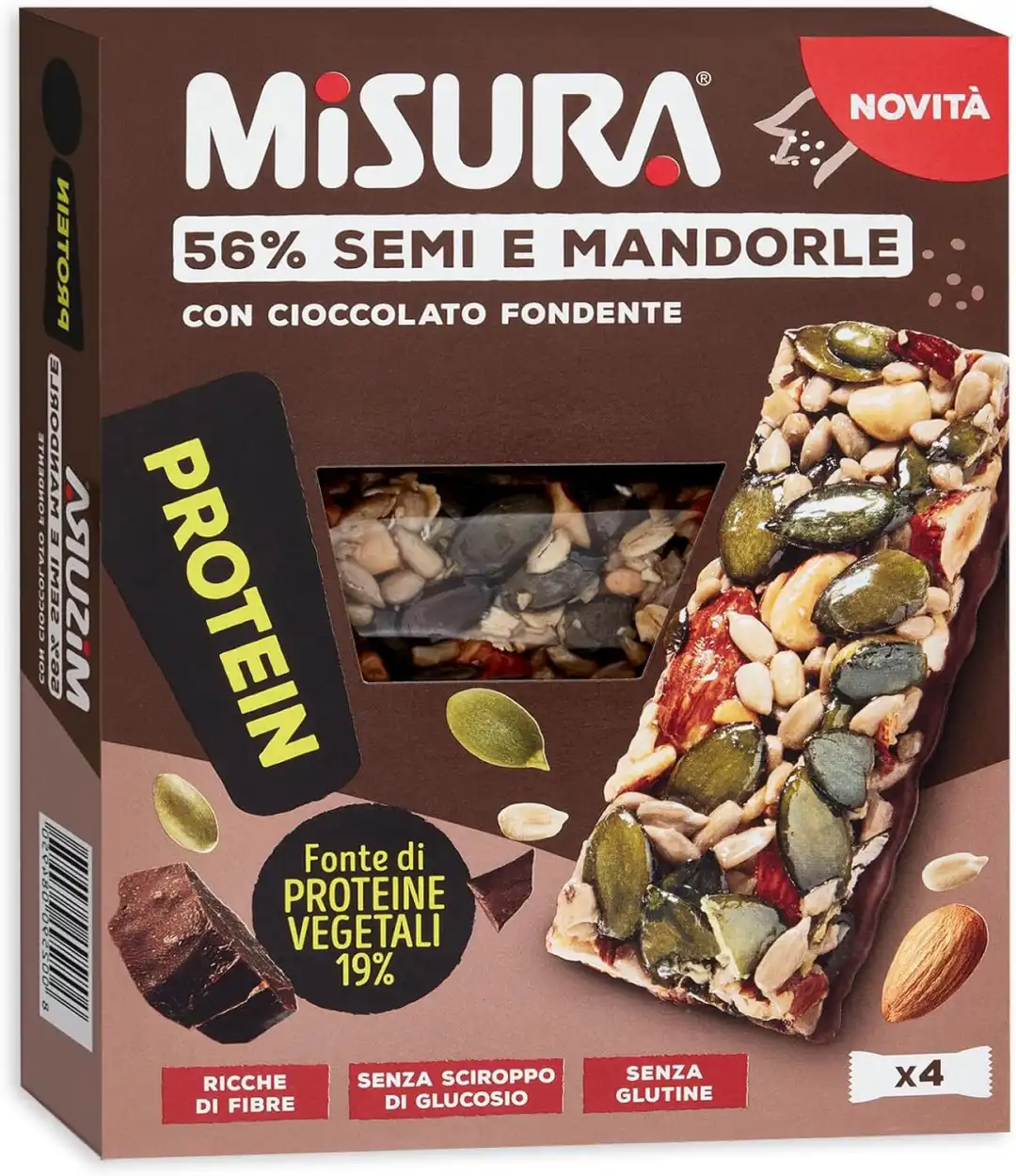 4 Confezioni Misura Protein Barrette Cioccolato Fondente, Semi e Mandorle 120g