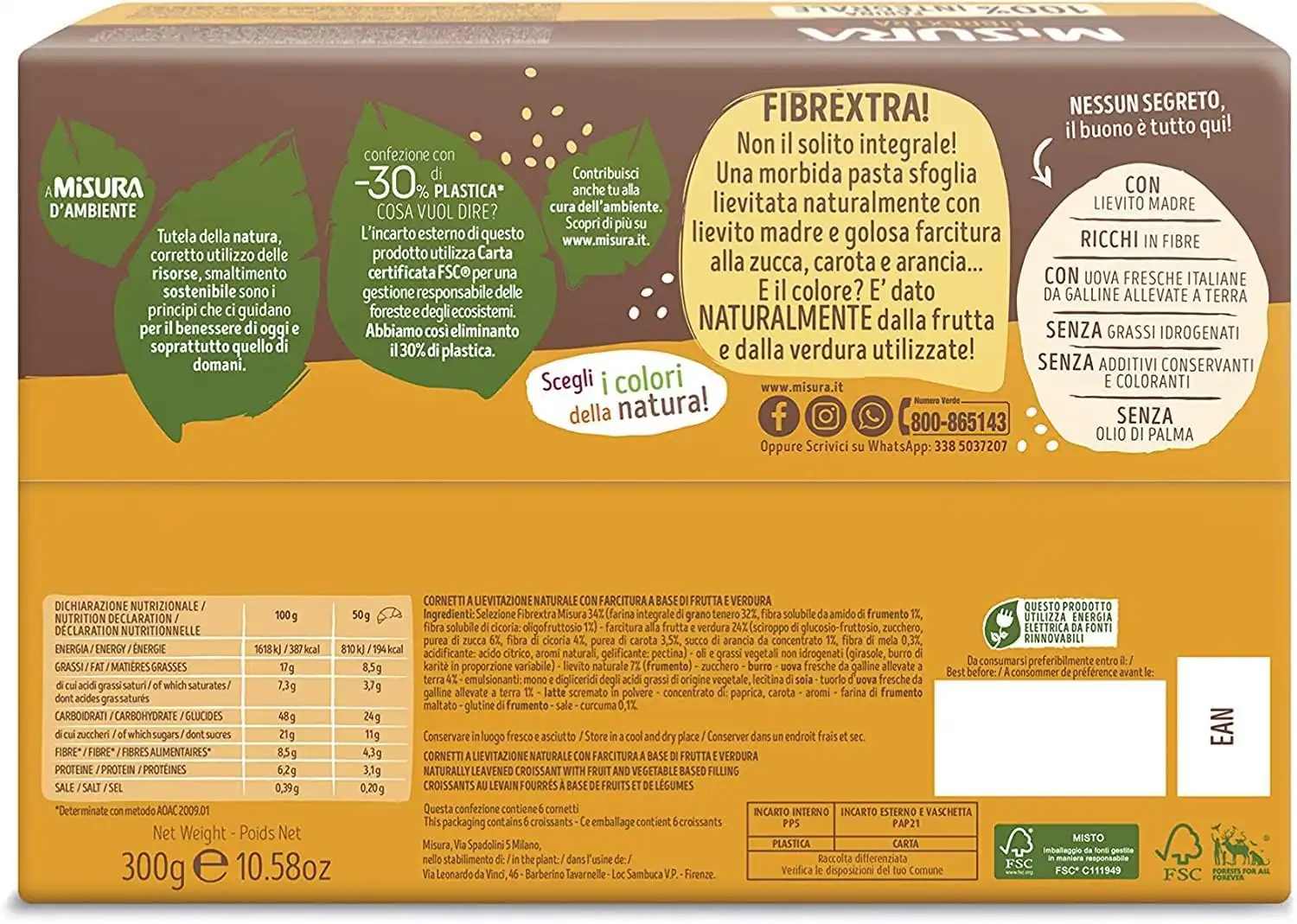 3X Misura Fibrextra Cornetti Integrali Zucca, Carota e Arancia 308g 3 Confezioni