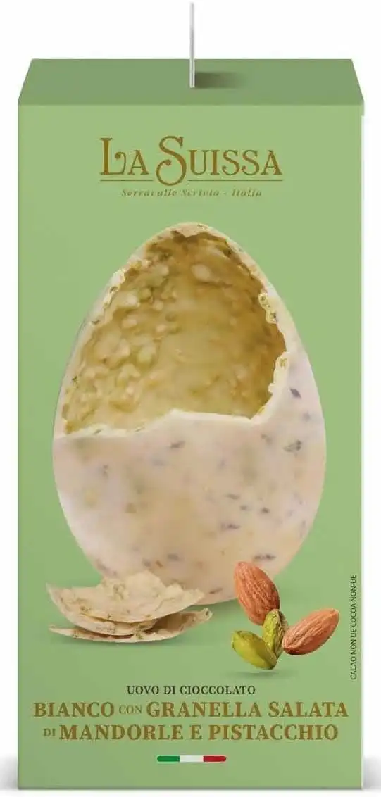 Uovo Pasqua La Suissa 320g – Cioccolato Bianco con Pistacchio e Mandorle