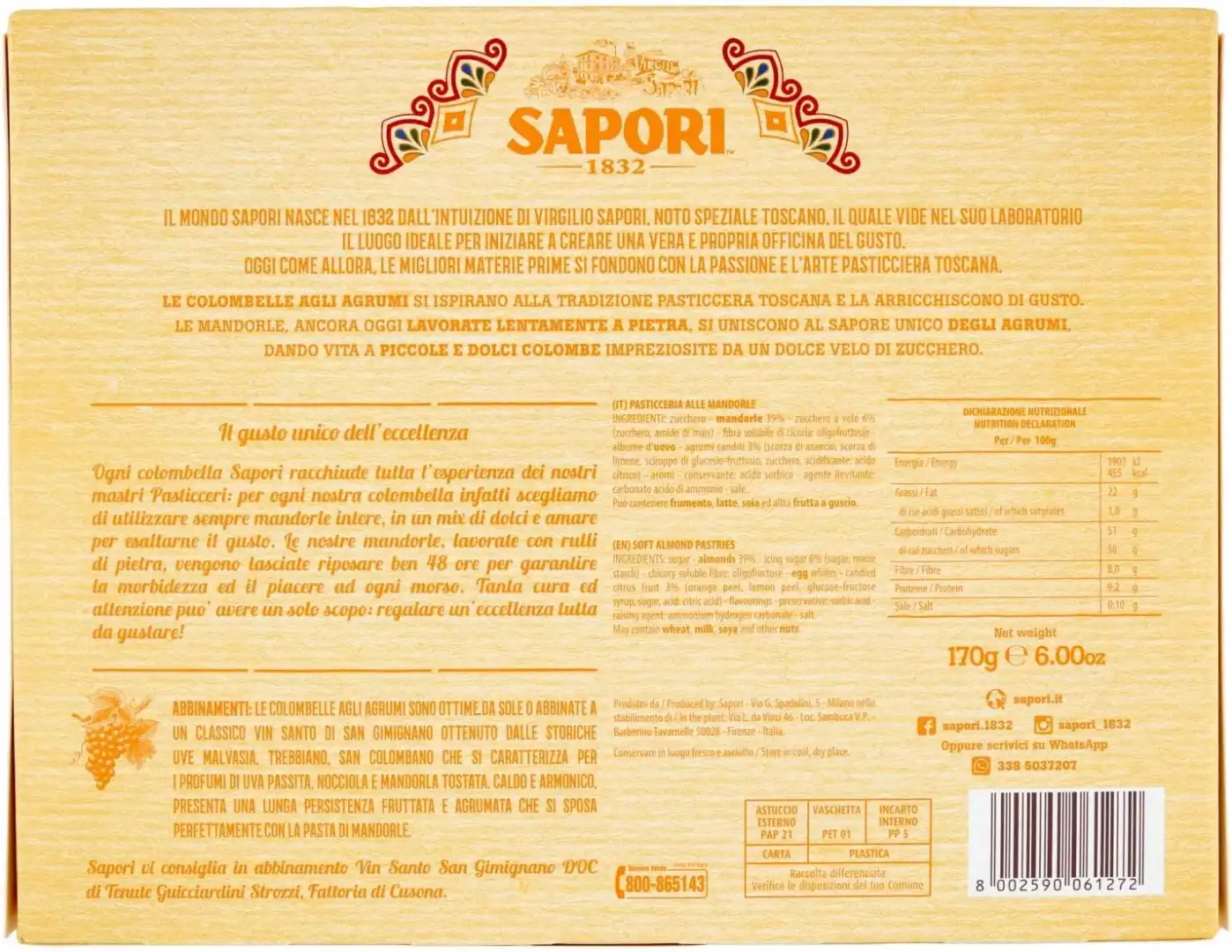 Sapori Colombelle Agrumi 170g Dolci Pasquali Mandorla Biscotti Morbidi