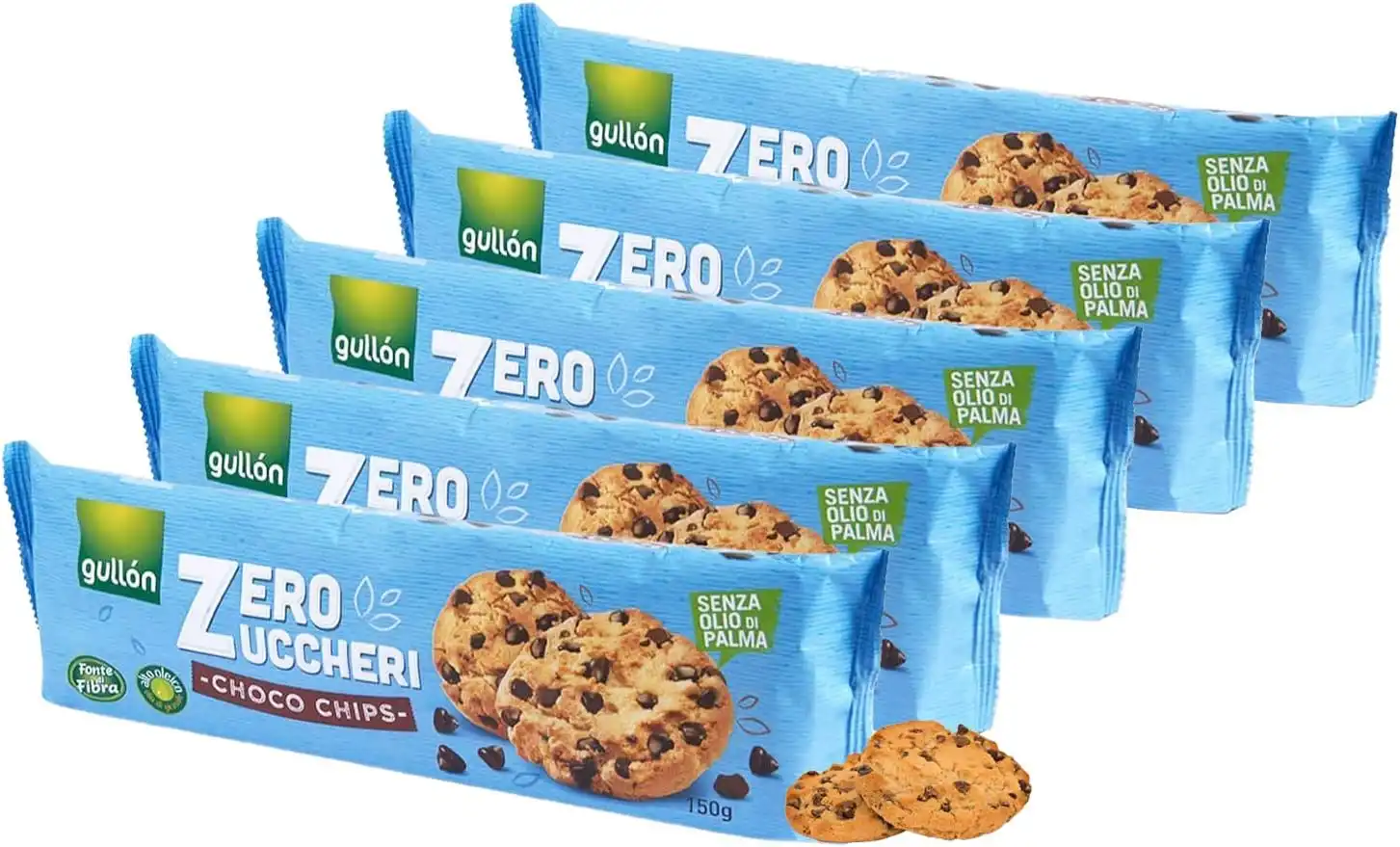 5X Gullon Golosi Biscotti Choco Chips Zero Zuccheri con Gocce di Cioccolato 150g