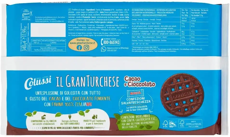 3X Colussi Il GranTurchese Cacao e Cioccolato Fondente 340g 6 Porzioni