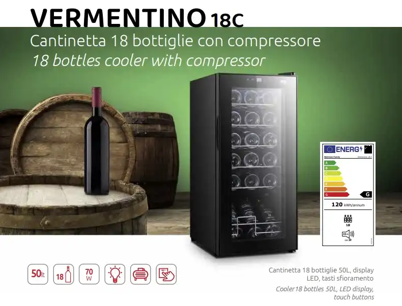 Cantinetta Vermentino 18 Bottiglie con Compressore Display Touch 50 Litri 70W