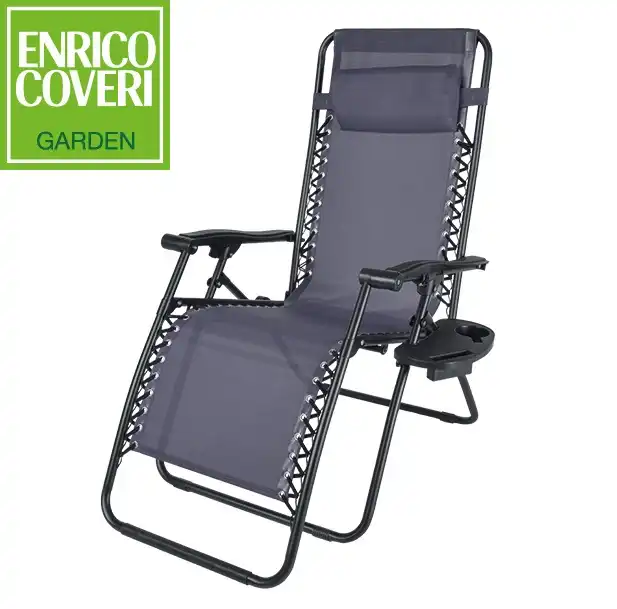 Sedia Sdraio Relax Reclinabile Grigio Con Poggiapiedi e Portaoggetti In Acciaio