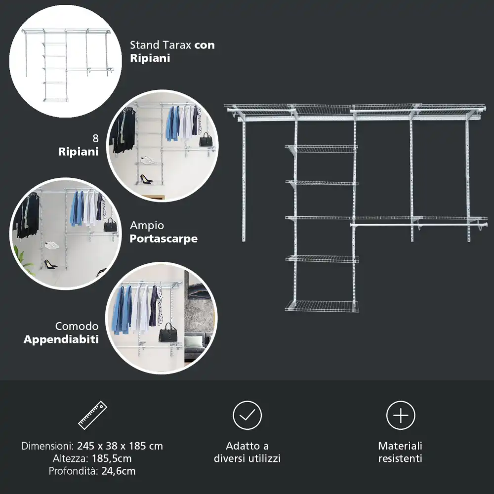 Appendabiti Porta Abiti Tarax Multifunzionale con Mensole Regolabili 245x38x185