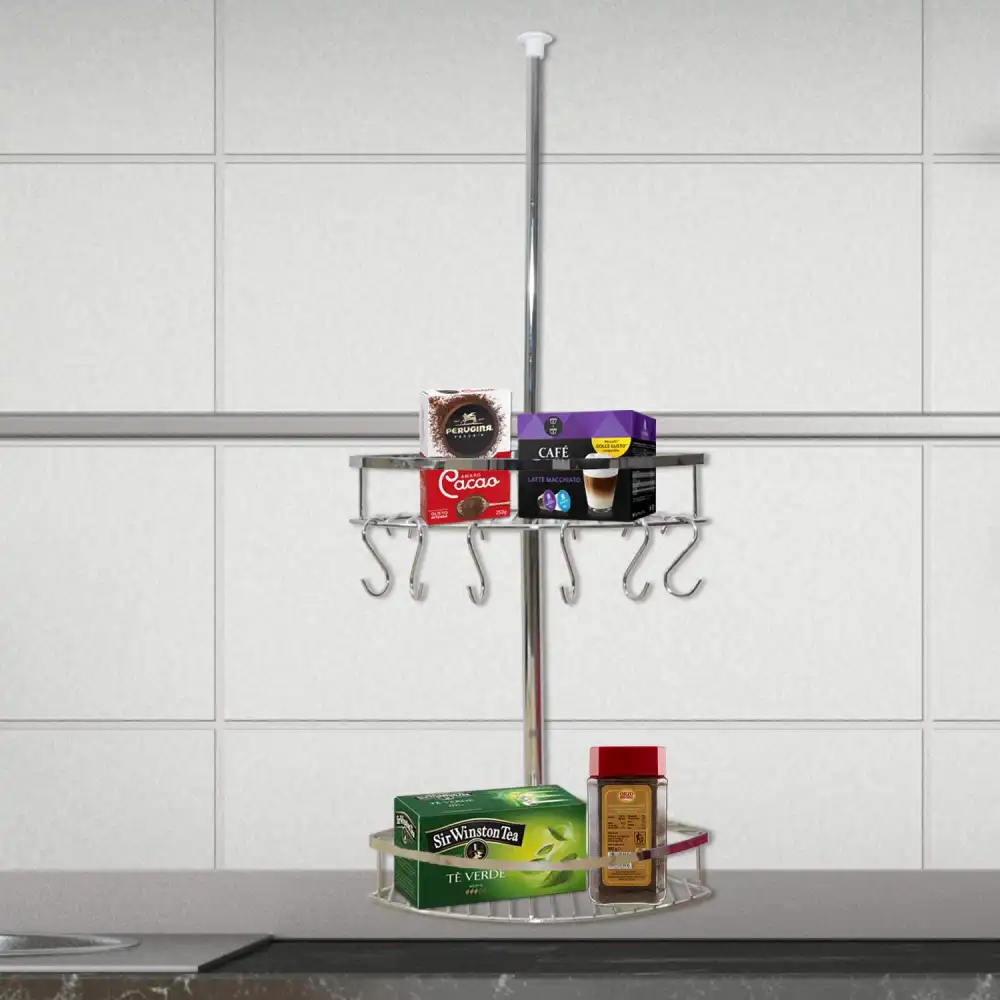 Mensola Ad Angolo Con Barra Telescopica Per Da Cucina e 6 Ganci Mensole Scaffale