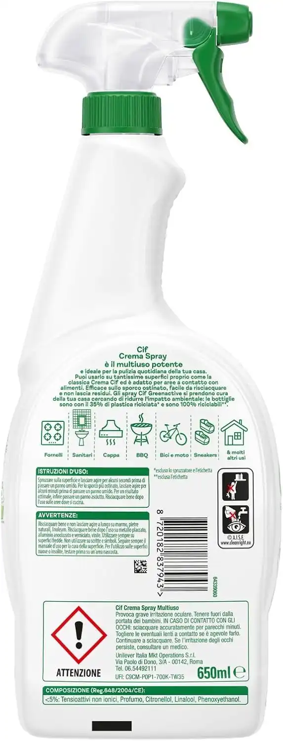 Cif Crema Spray Multiuso Nuova Formula Green Active 650ml Formula Potenziata