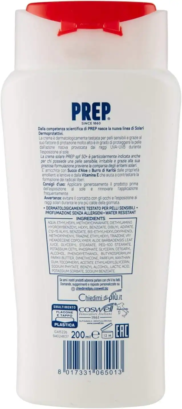 PREP Crema Solare 50+ Crema Protezione Solare Pelli Sensibili e Delicate 200ml
