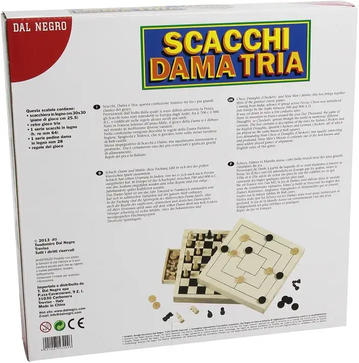 Gioco da Tavolo Scacchi Dama Tria in Legno Scacchiera Pedine Pedina 3 in 1