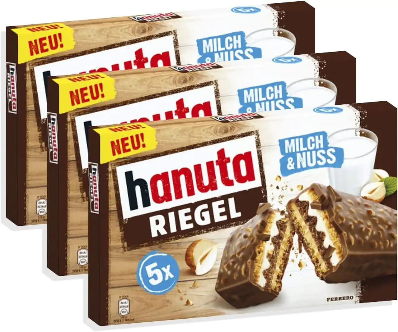 3x Ferrero Hanuta Riegel 172,5g – Wafer al Cacao con Crema al Latte e Nocciole