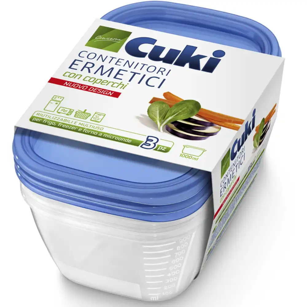 Cuki Contenitori Ermetici 1000ml Rettangolari con Coperchi 3pz Riutilizzabili