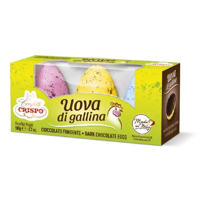 3 Uova Gallina Confettate Crispo 105g – Cioccolato Fondente Pasqua Decorazione
