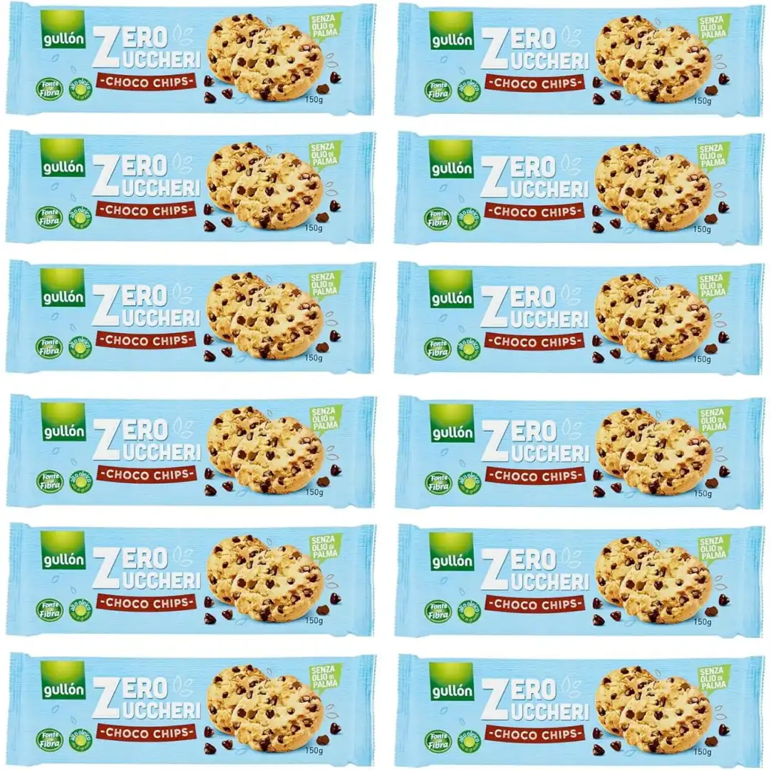 12x Gullón Choco Chip Zero Zucchero 150g Biscotti con Gocce Senza Olio di Palma