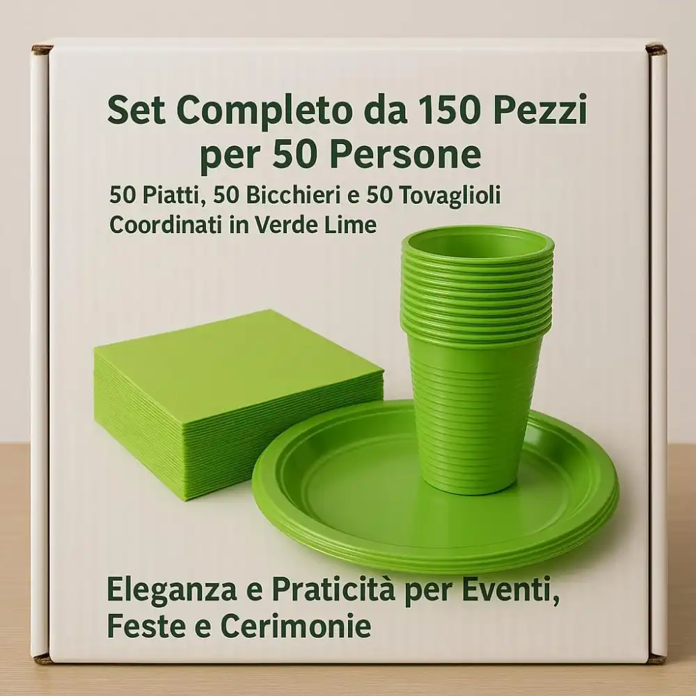 Set Party Verde Lime 150 Pezzi Piatti Bicchieri Tovaglioli Festa 50