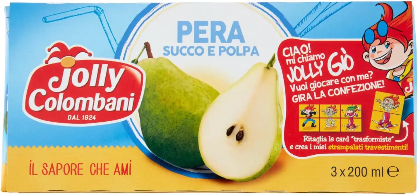 Jolly Colombani Succo e Polpa Pera 220ml x 24 - Gusto Naturale e Divertente