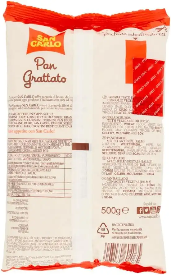 5x San Carlo Pan Grattato 500g – Pane Bianco Essiccato e Grattugiato