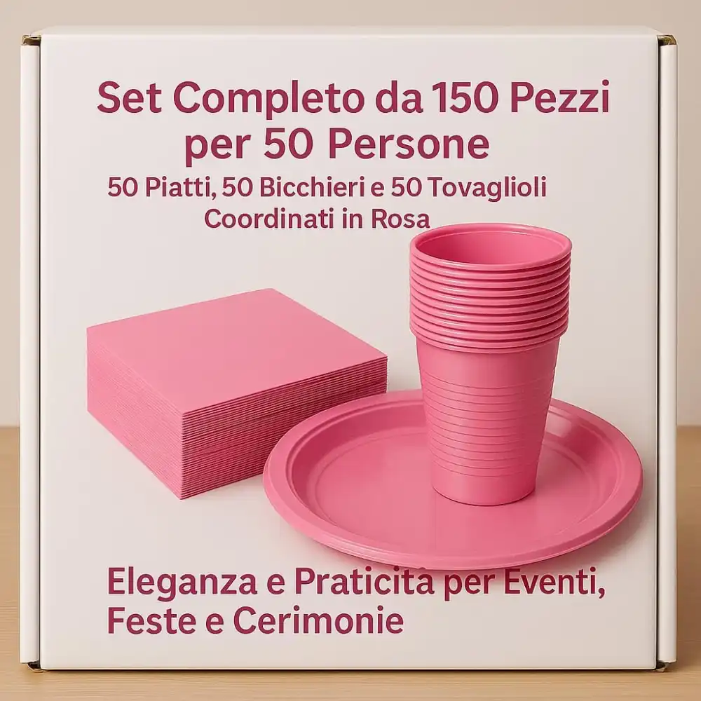 Set 150pz Rosa: 50 Piatti, 50 Bicchieri, 50 Tovaglioli –Feste Baby Shower Eventi