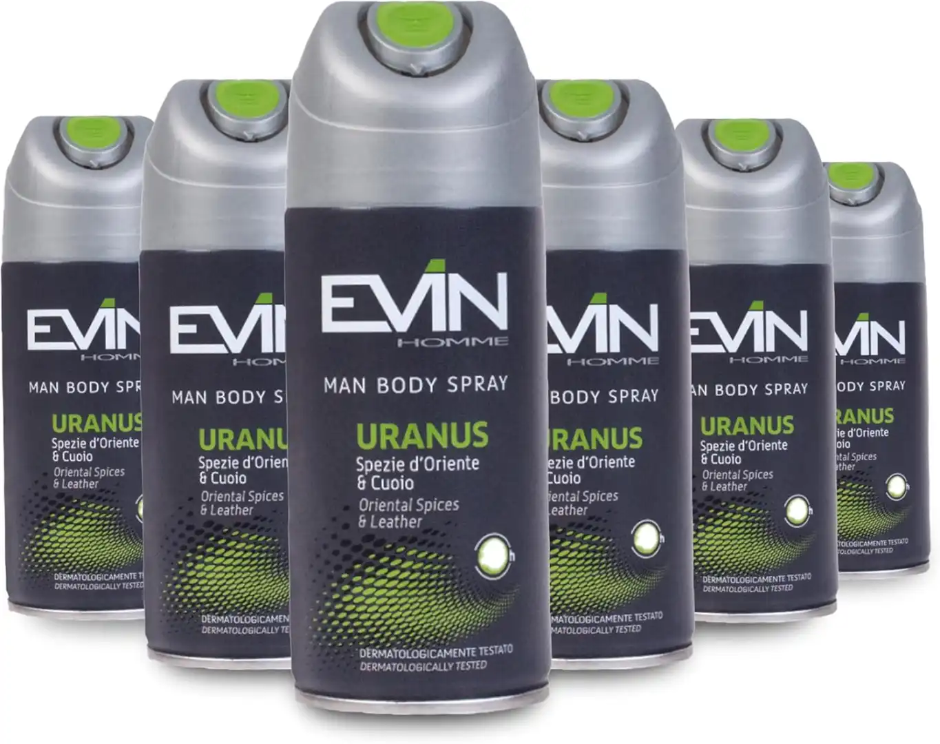 6x EVIN HOMME Deodorante Uomo Spray Uranus, Spezie d'Oriente e Cuoio, 150ml
