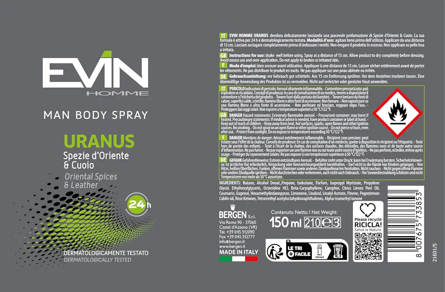 6x EVIN HOMME Deodorante Uomo Spray Uranus, Spezie d'Oriente e Cuoio, 150ml