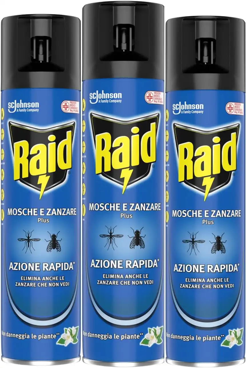 3x RAID Insetticida Spray Mosche Zanzare 400ml Azione Rapida Protezione in Casa