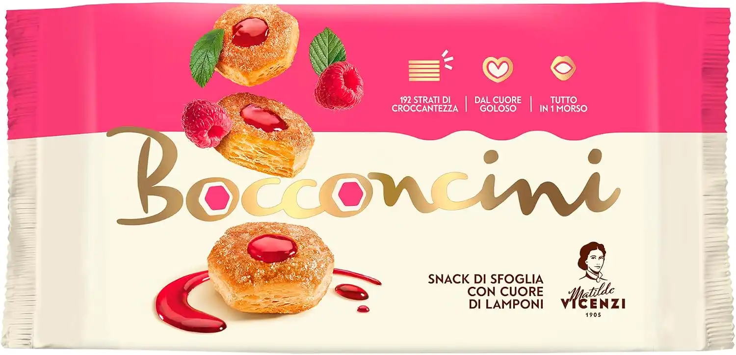 10 Confezioni Bocconcini Vicenzi 90g Sfoglia Ripiena al Lampone Snack Dolci