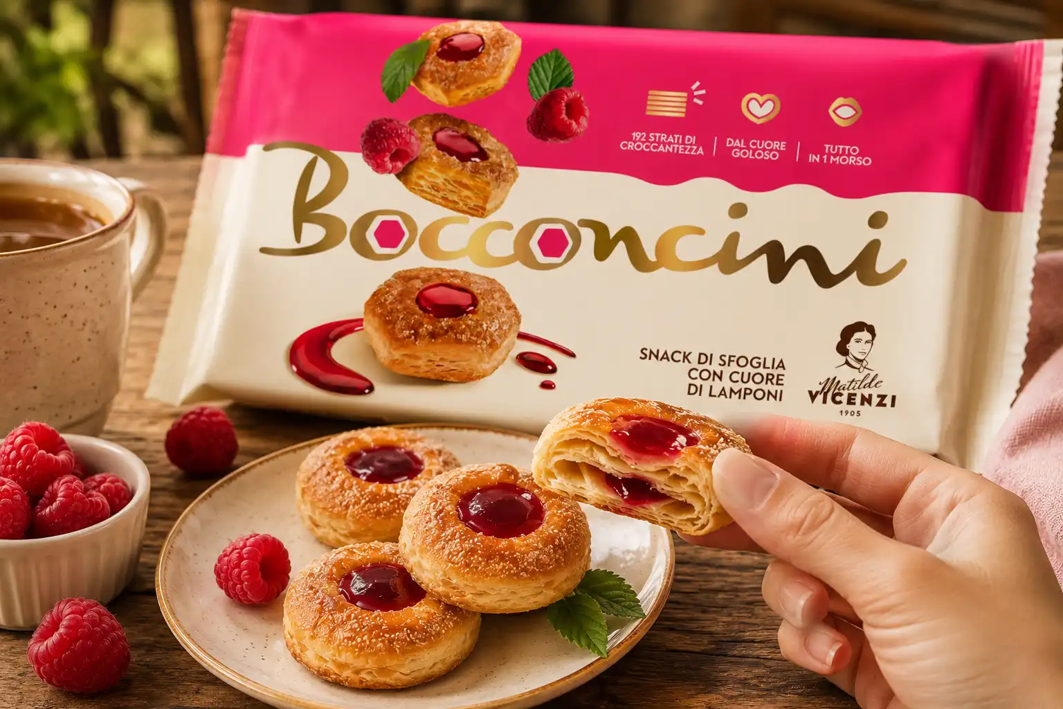 10 Confezioni Bocconcini Vicenzi 90g Sfoglia Ripiena al Lampone Snack Dolci