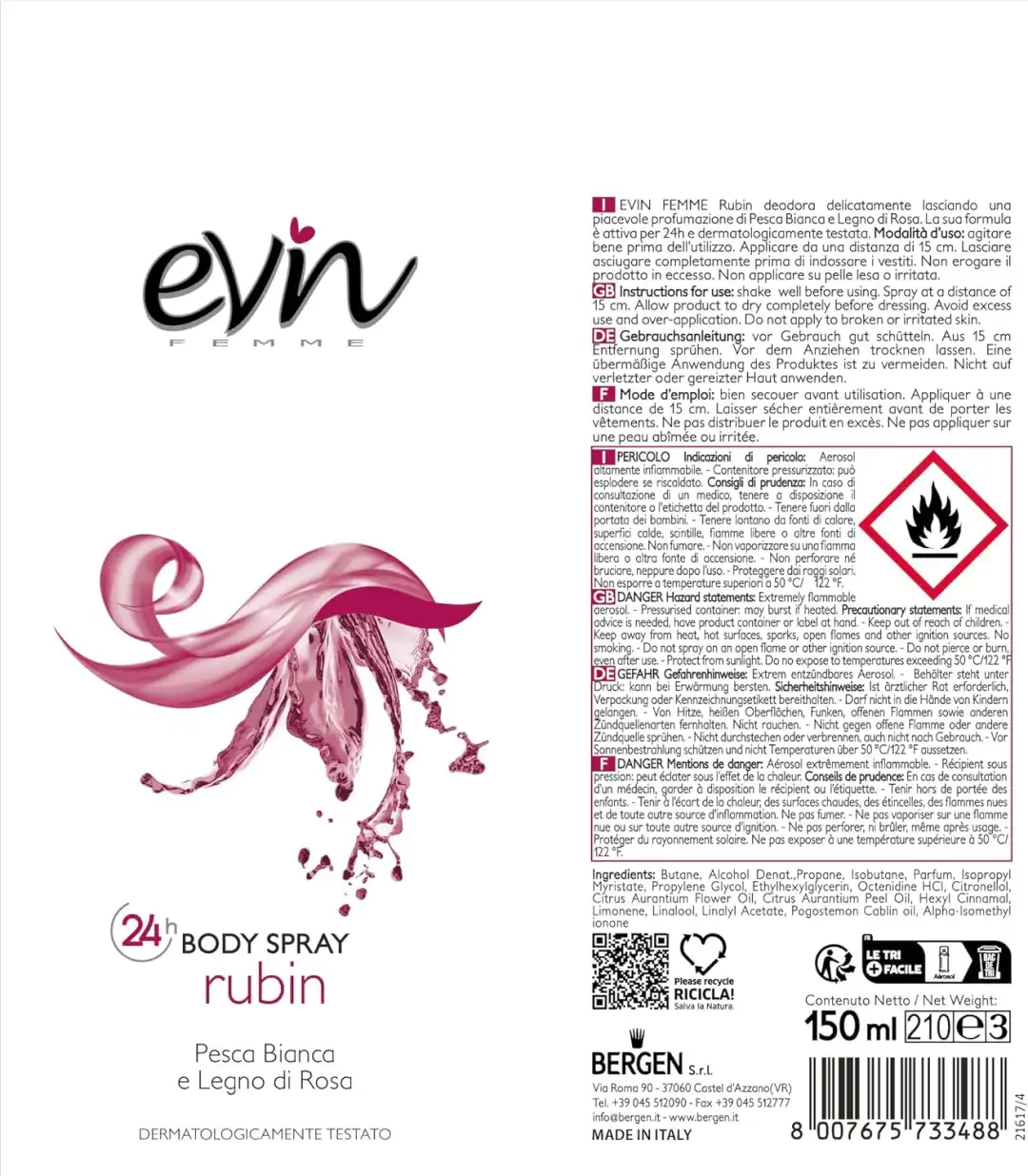 EVIN Deodorante Donna Spray Rubin 6x150ml, Pesca Bianca & Rosa, 24h Freschezza