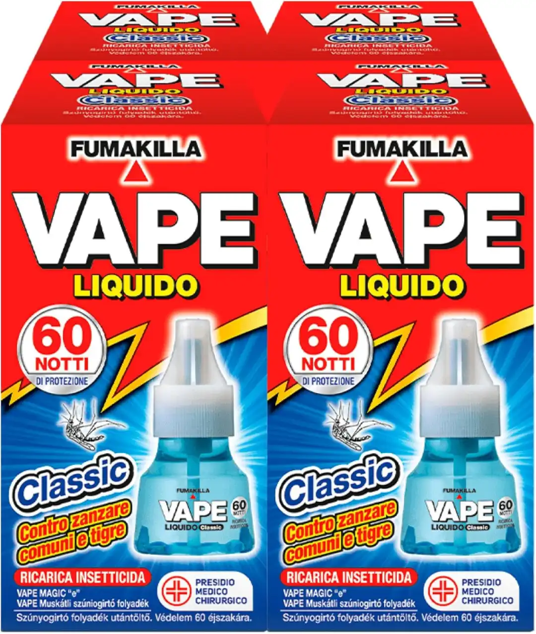 4 x Vape Ricarica Liquida 60 Notti Insetticida Zanzare Tigre Mosche PMC