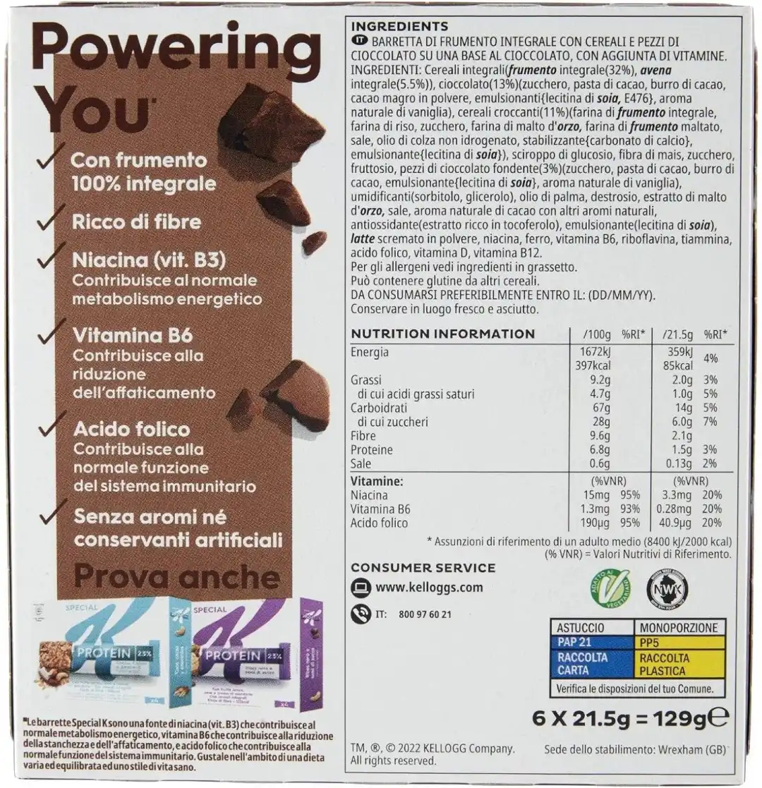 10X Barrette Special K Cereali Integrali e Cioccolato Fondente 129g