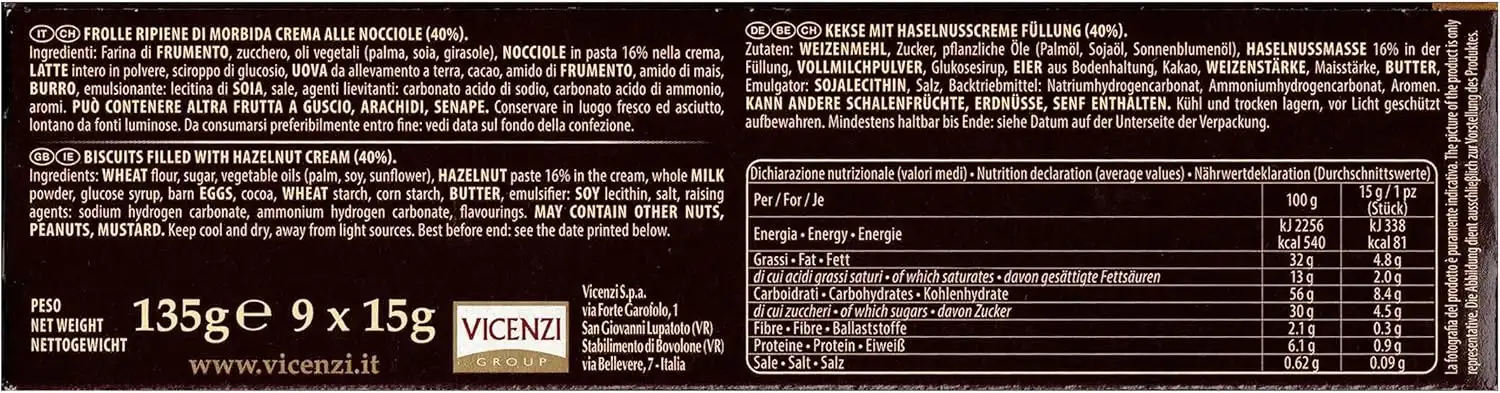 4x Grisbi L'Originale Biscotti Frolle Ripieni Crema Nocciole 135g Croccanti