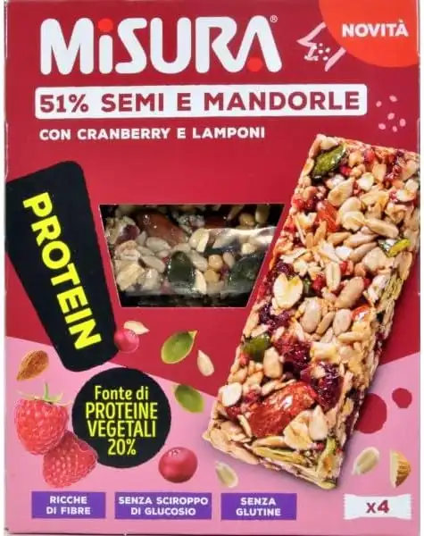 8X Misura Protein Barrette Semi Mandorle Cranberry Lamponi 120g Senza Glutine