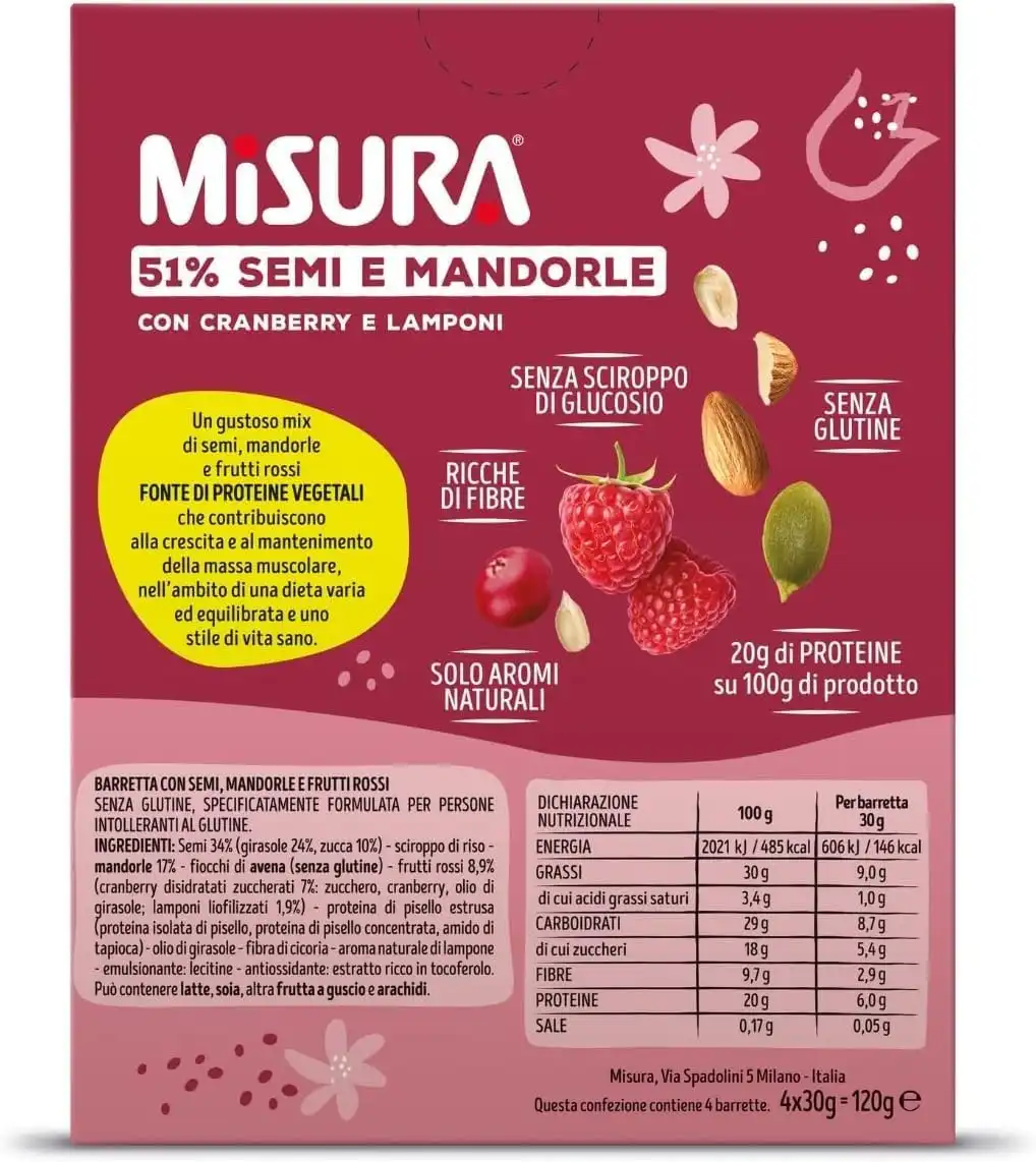 8X Misura Protein Barrette Semi Mandorle Cranberry Lamponi 120g Senza Glutine