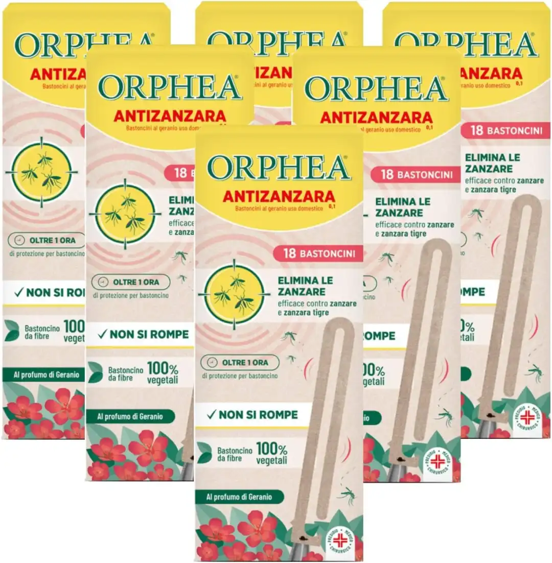6X Orphea Antizanzare Naturali Bastoncini 18 Pezzi Profumo Geranio Per Ambienti