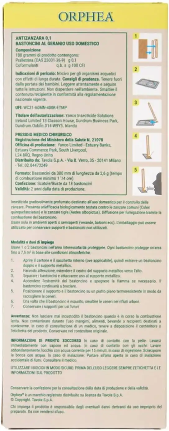6X Orphea Antizanzare Naturali Bastoncini 18 Pezzi Profumo Geranio Per Ambienti
