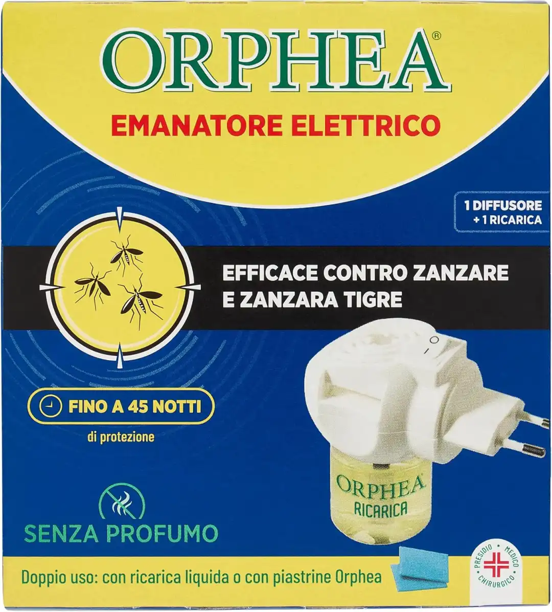 Orphea Antizanzare Elettrico + Ricarica 30ml | Inodore | Protezione 45 Notti
