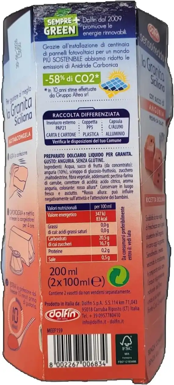 6X Dolfin SensoFreddo Granita Siciliana Anguria 200ml Senza Glutine Pronta Gelare