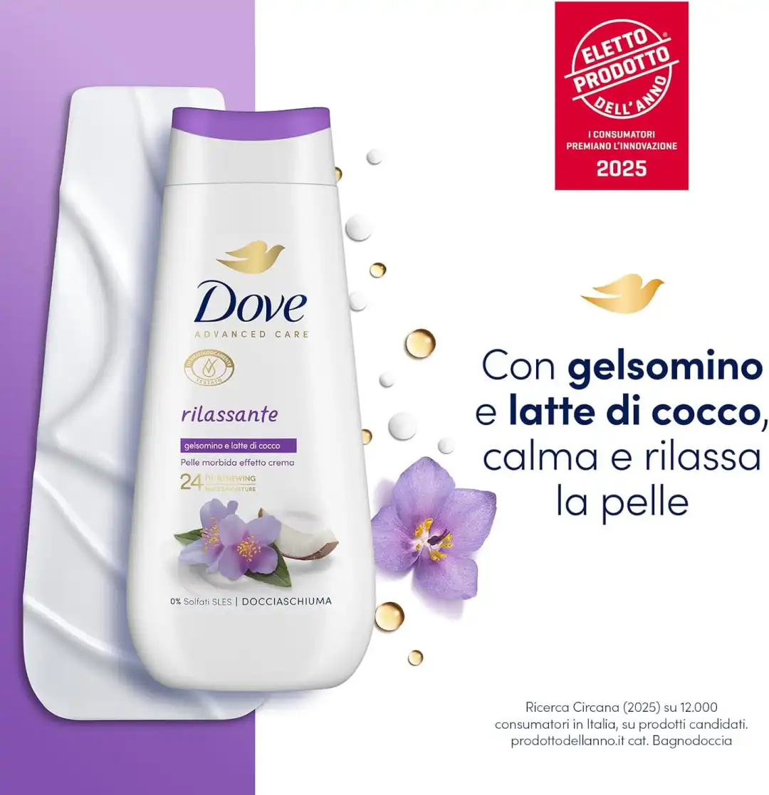 6x Dove Bagnoschiuma Rilassante 225ml Idratante Delicato Senza Solfati SLES