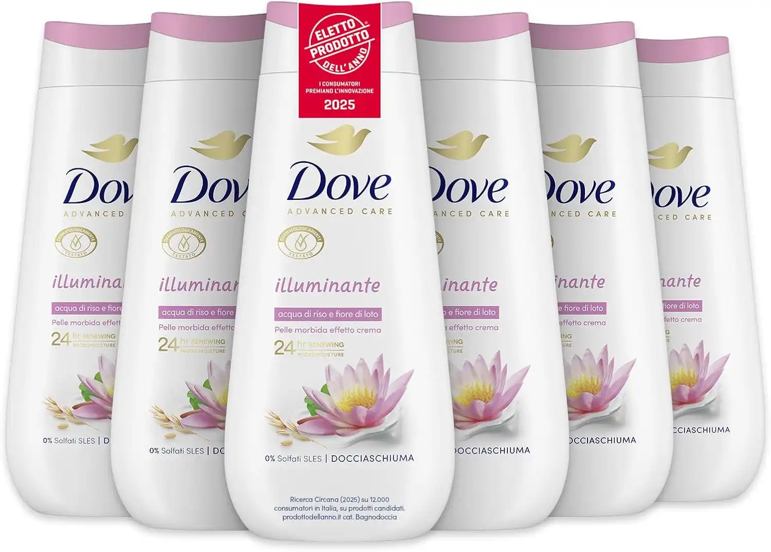 6x Dove Bagnoschiuma Illuminante 225ml Idratante Delicato Senza Solfati SLES