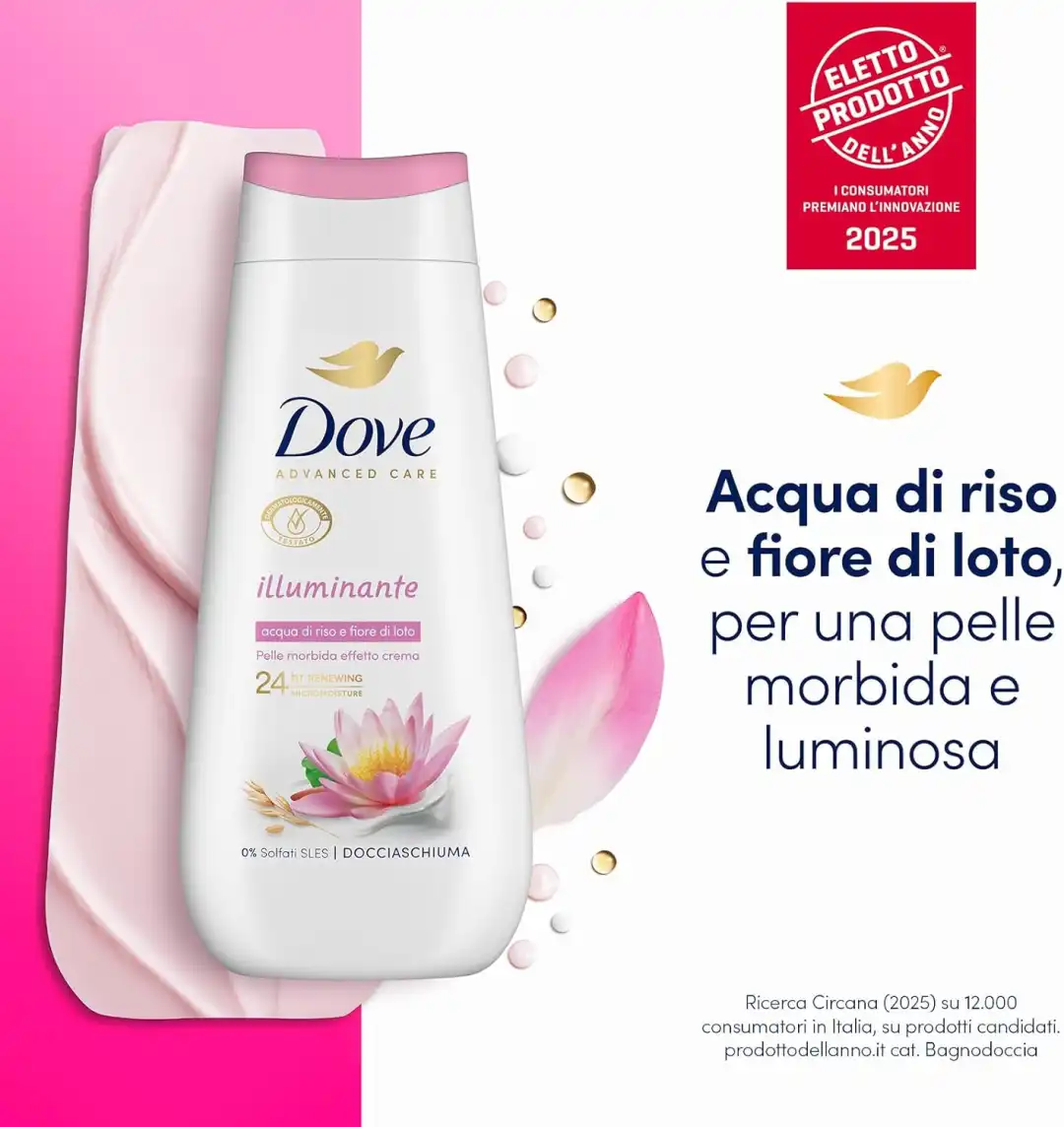 6x Dove Bagnoschiuma Illuminante 225ml Idratante Delicato Senza Solfati SLES