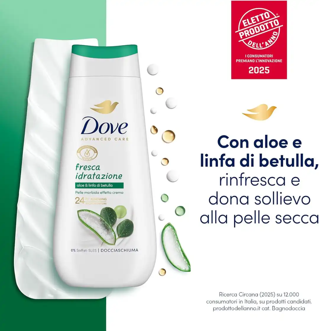 6x Dove Bagnoschiuma Fresca Idratazione 225ml Idratante Delicato Senza SLES
