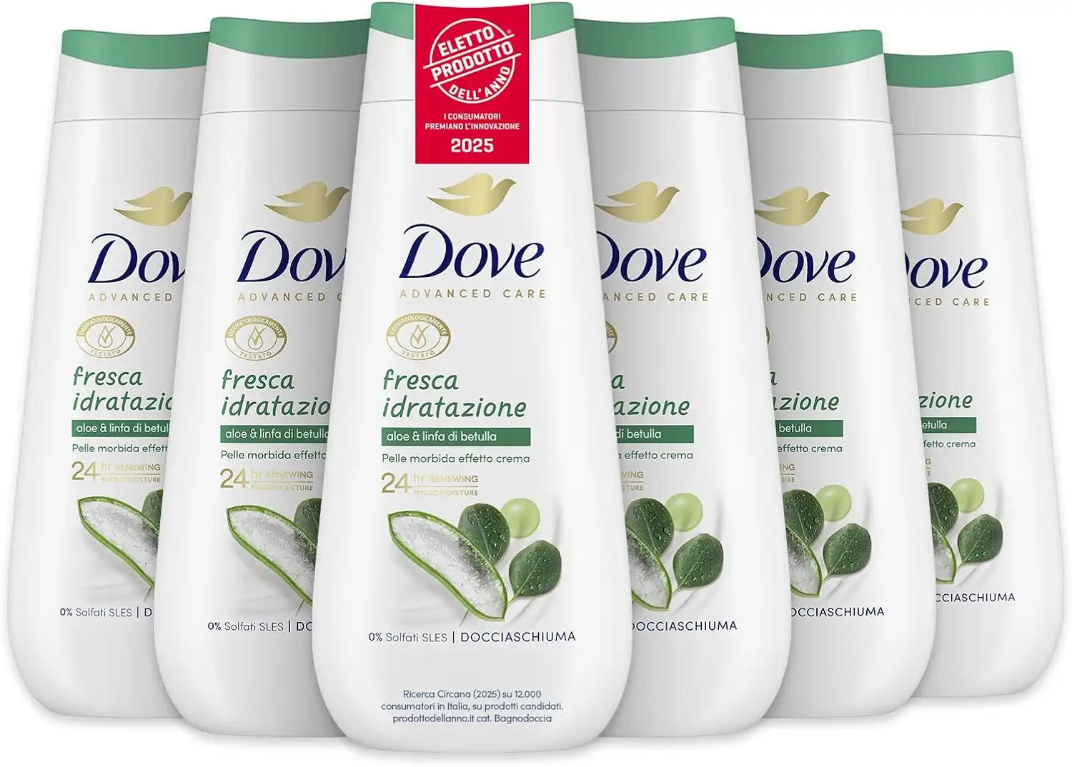 6x Dove Bagnoschiuma Fresca Idratazione 225ml Idratante Delicato Senza SLES