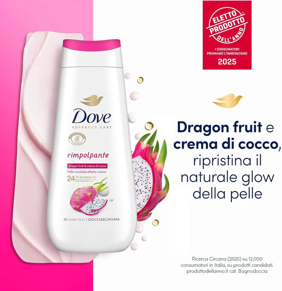 6x Dove Docciaschiuma Dragon Fruit & Coconut 225ml Idratante Senza Solfati SLES