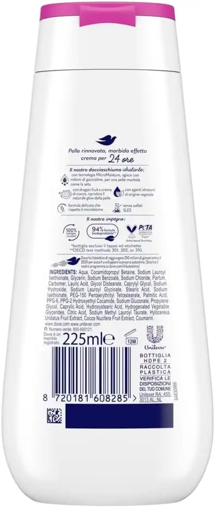 6x Dove Docciaschiuma Dragon Fruit & Coconut 225ml Idratante Senza Solfati SLES
