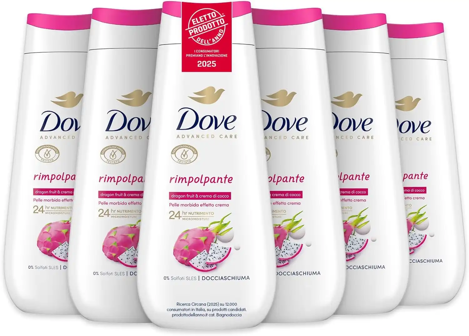 6x Dove Docciaschiuma Dragon Fruit & Coconut 225ml Idratante Senza Solfati SLES