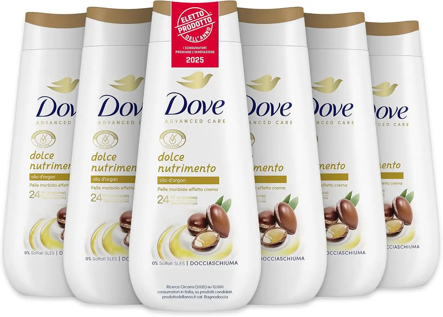 6x Dove Bagnoschiuma Dolce Nutrimento 225ml Idratante Delicato Senza Solfati
