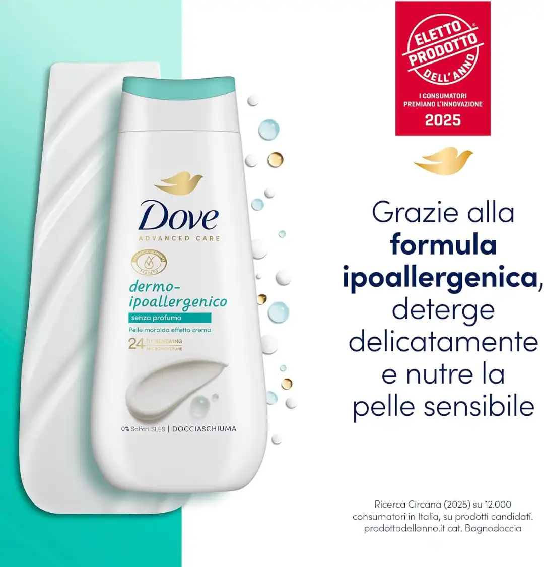 6x Dove Bagnoschiuma Ipoallergenico 225ml Idratante Delicato Senza Solfati SLES