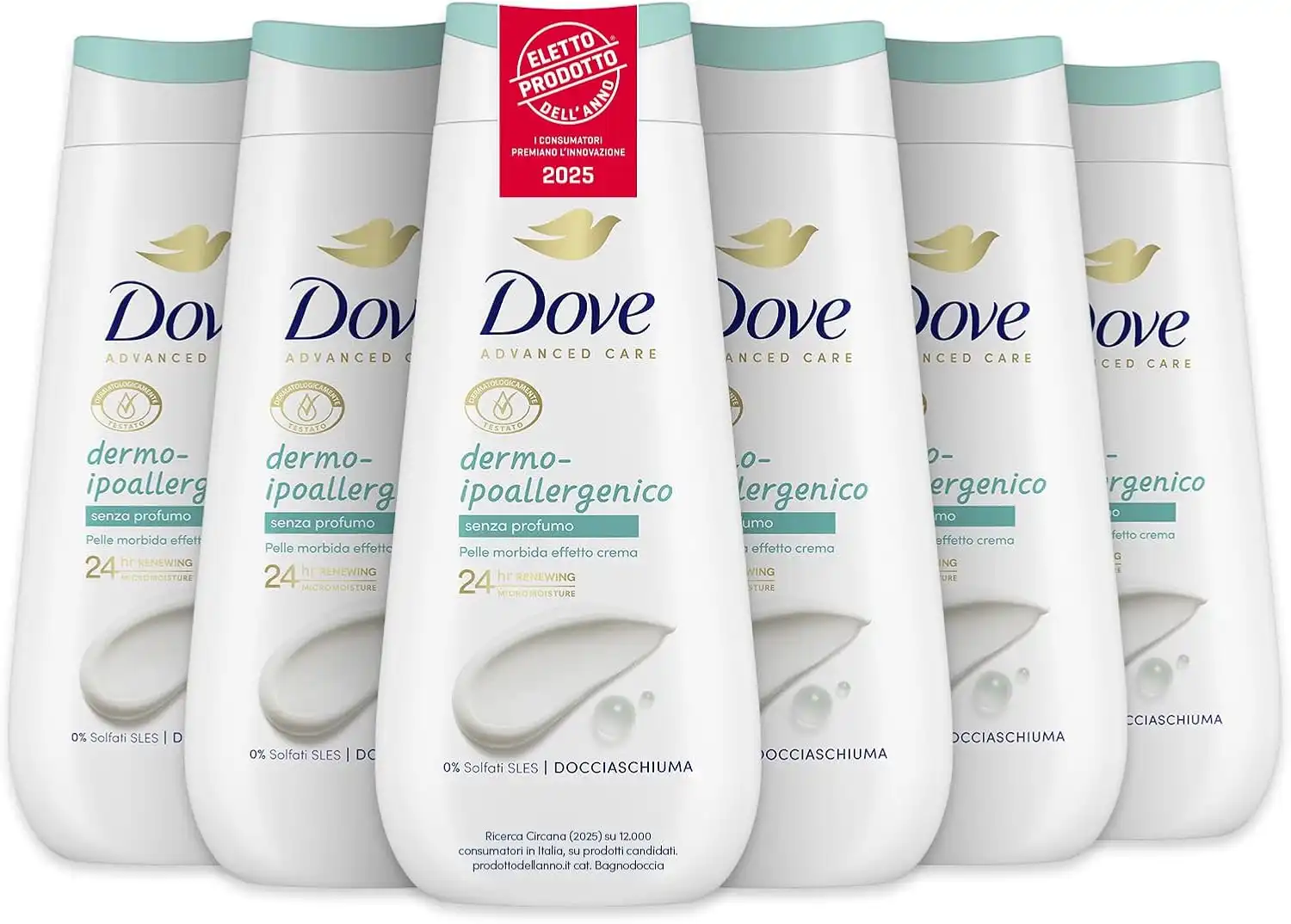 6x Dove Bagnoschiuma Ipoallergenico 225ml Idratante Delicato Senza Solfati SLES
